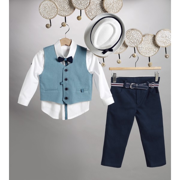 New Life μπλέ σκούρο καμπαρντίνα παντελόνι, άσπρο βαμβακερό πουκάμισο και πετρόλ καμπαρντίνα γιλέκο 2801-3