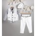 New Life άσπρη καμπαρντίνα παντελόνι, γκρι εμπριμέ βαμβακερό πουκάμισο και άσπρη καμπαρντίνα γιλέκο 2803-1