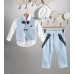 New Life σιέλ καμπαρντίνα παντελόνι, άσπρο βαμβακερό πουκάμισο και σιέλ καμπαρντίνα γιλέκο 2805-2