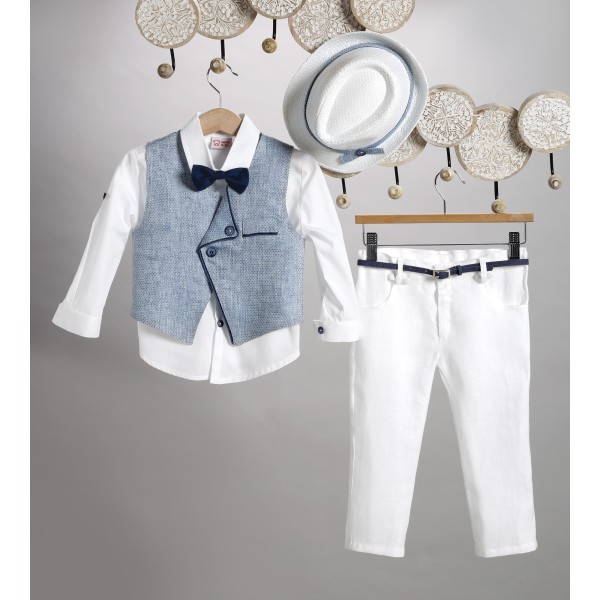 New Life άσπρο λινό παντελόνι, άσπρο βαμβακερό πουκάμισο και μπλε καμπαρντίνα γιλέκο 2807-1