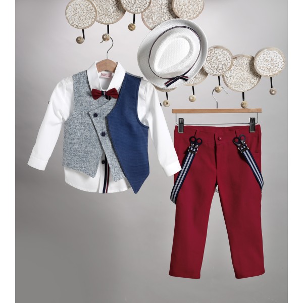 New Life κόκκινη καμπαρντίνα παντελόνι, άσπρο βαμβακερό πουκάμισο και μπλε καμπαρντίνα γιλέκο 2811-1