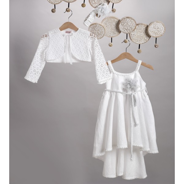 New Life άσπρο λινό φόρεμα στολισμένο με ζώνη κορδόνι και τούλινο λουλούδι 2822-1